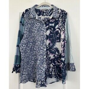 Habitat Clothes to Live In Mixed Print Blouse Size XL Crinkle Artsy 3/4 Sleeve